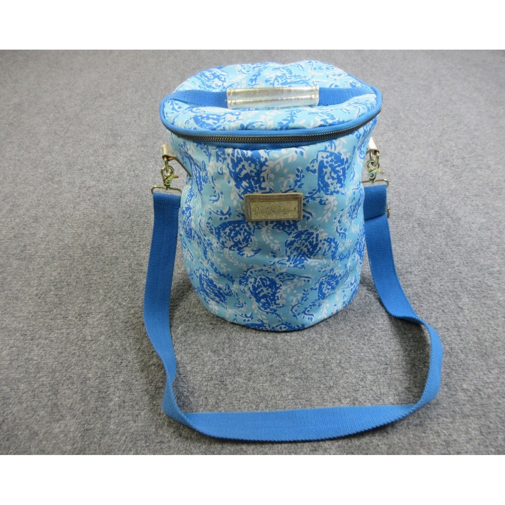 Lilly Pulitzer Cooler Bucket Bag Beach Womens Blue Turtle Print Canvas Zip Strap